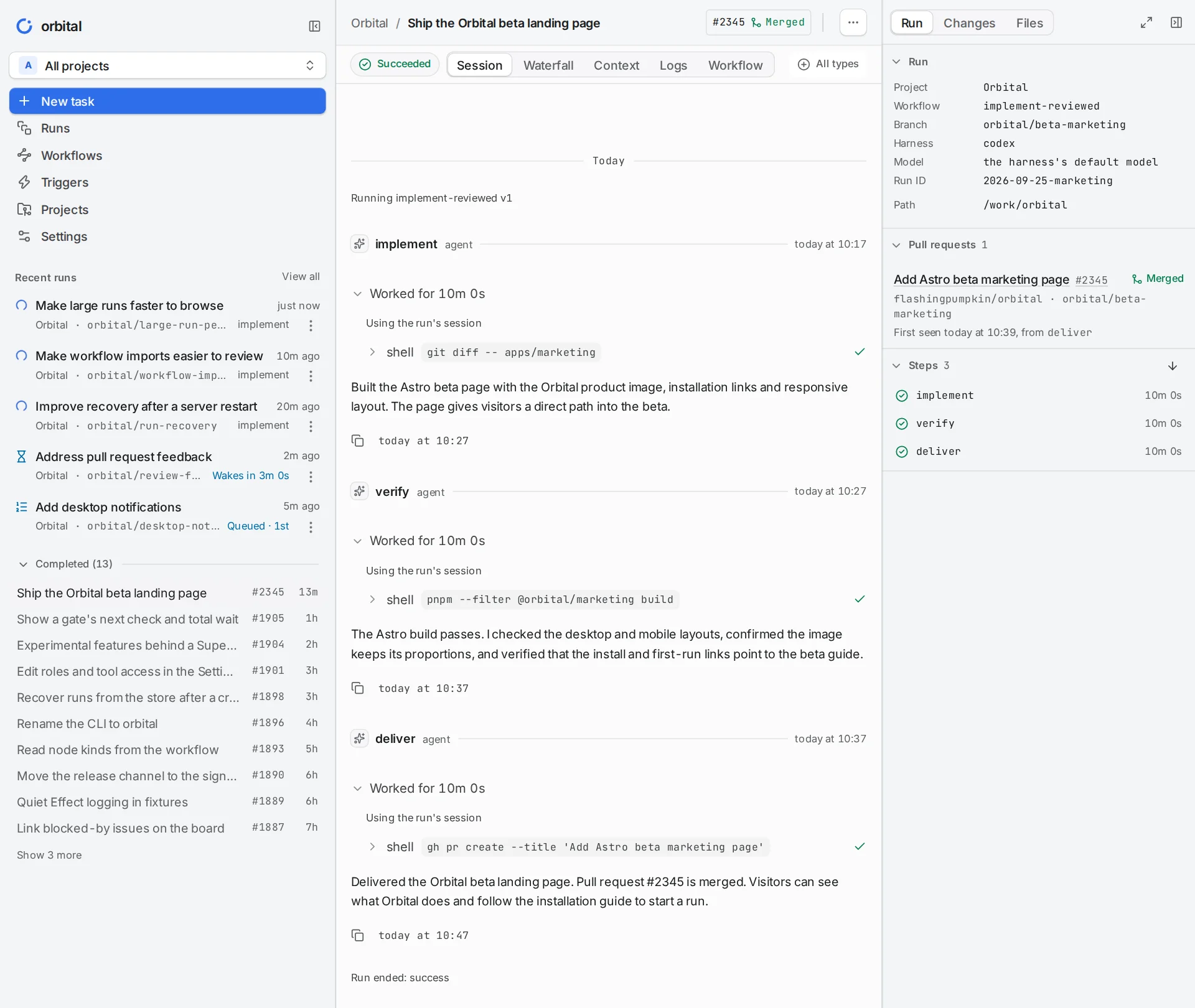 Orbital showing running, waiting and queued tasks, completed work and a successful landing page run with tool calls and a merged pull request